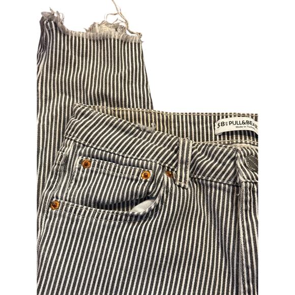 PULL&BEAR Striped Skinny Crop Jeans Sz 28 Gray White Raw Hem Stretch Cotton - Picture 7 of 14